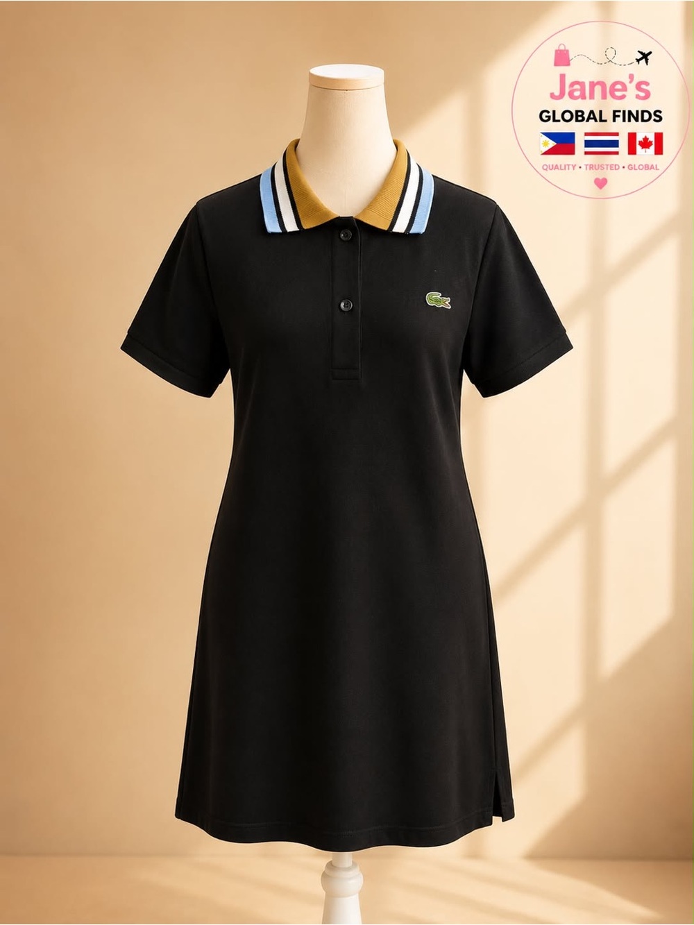 Lacoste Black Polo Dress with Mustard and Light Blue Trim